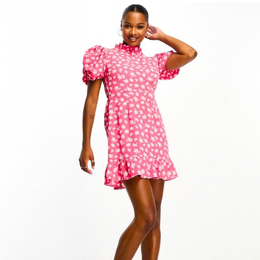 ASOS Pink Floral Puff Sleeve Mini Dress